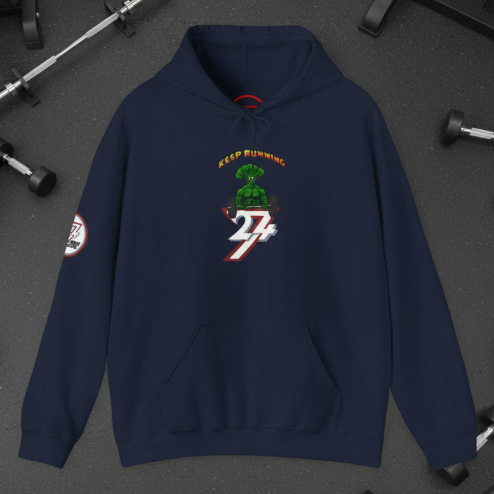 Navy blue broccoli hoodie with cartoon design, front kangaroo pocket, and adjustable drawstring hood for workouts.