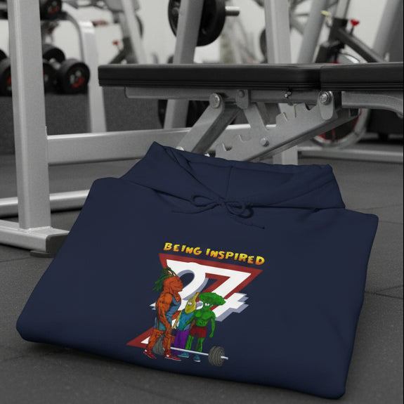 Navy blue custom hoodie with funny banana and broccoli workout comic characters and "Being Inspired 24/7" text design