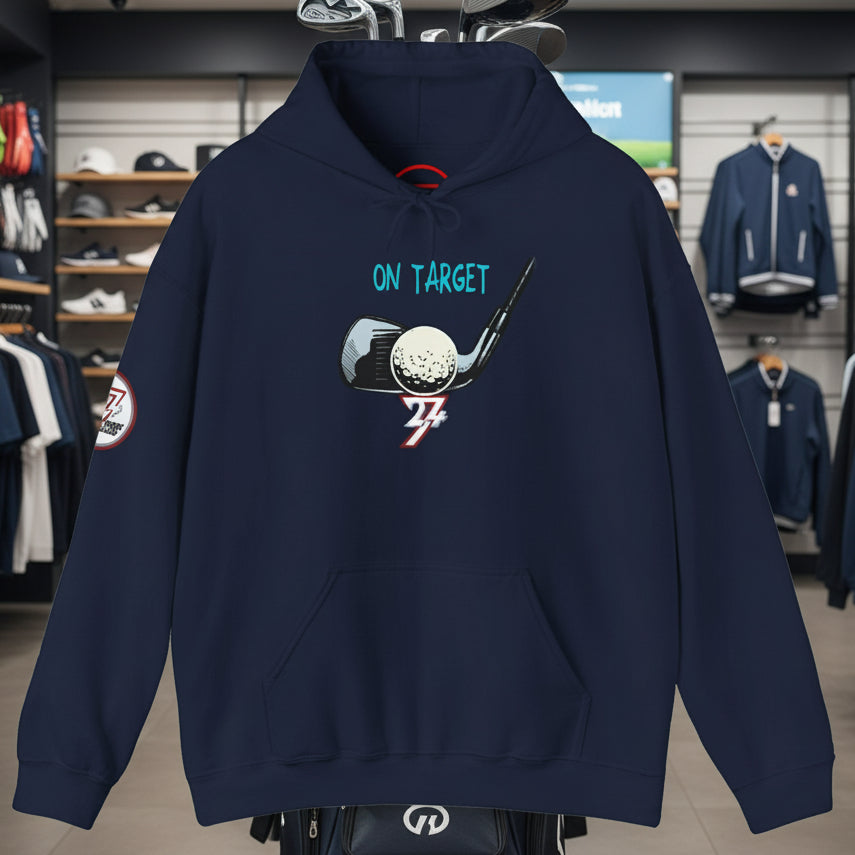 Navy blue golf hoodie with hand-drawn golf club and ball design and "On Target" text, featuring kangaroo pocket and adjustable hood.