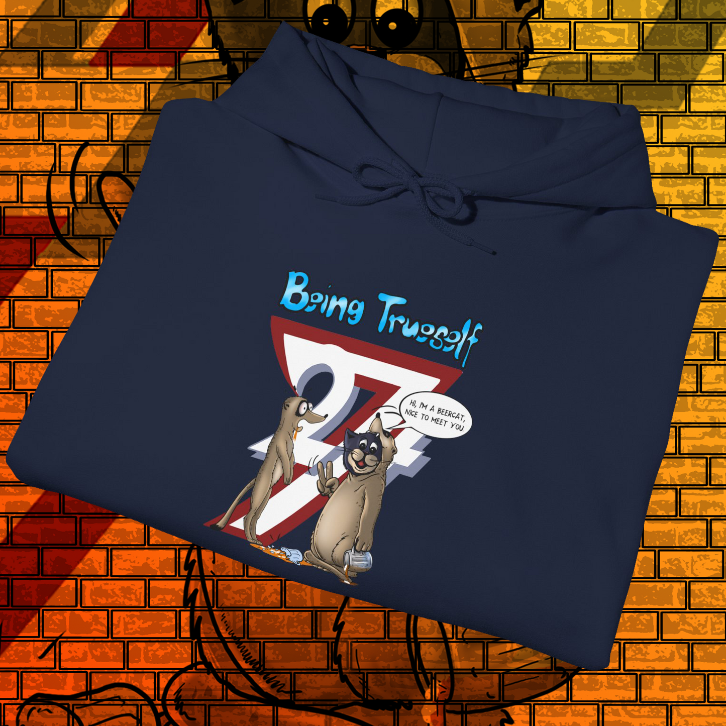 Navy blue hoodie with cartoon meerkat and cat illustration, "Being True-Self" design, kangaroo pocket, and drawstring hood.