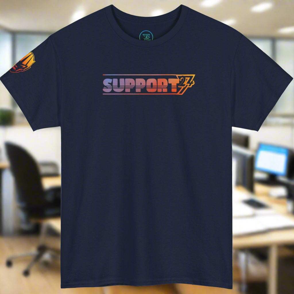 Navy blue unisex Support Tee with 24/7 support graphic, durable cotton fabric, and professional design.