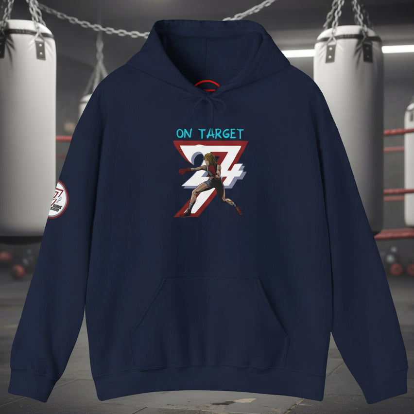 Navy blue women's boxing hoodie with feminine boxer graphic, adjustable hood, and kangaroo pocket for streetwear and outdoor training.