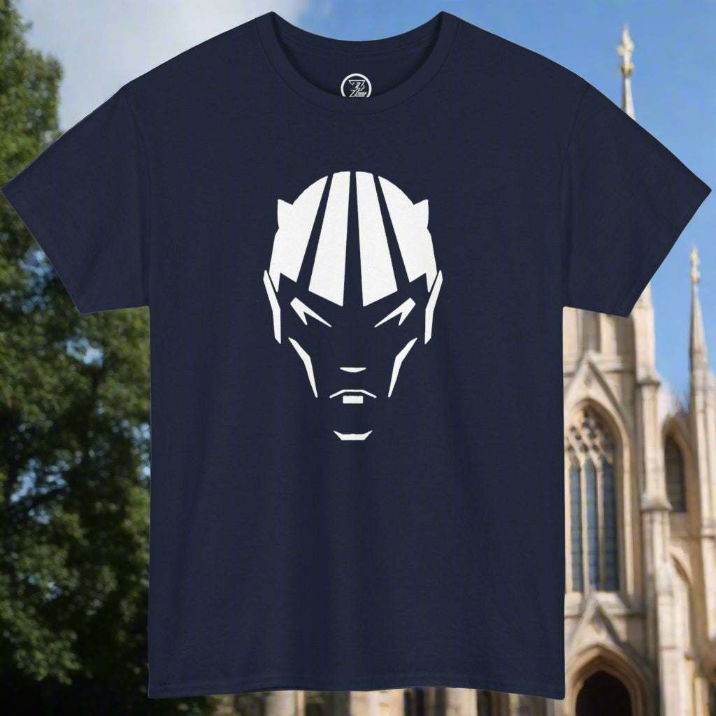 Navy devil shirt with white comic character head design, perfect for Halloween and fantasy fans.