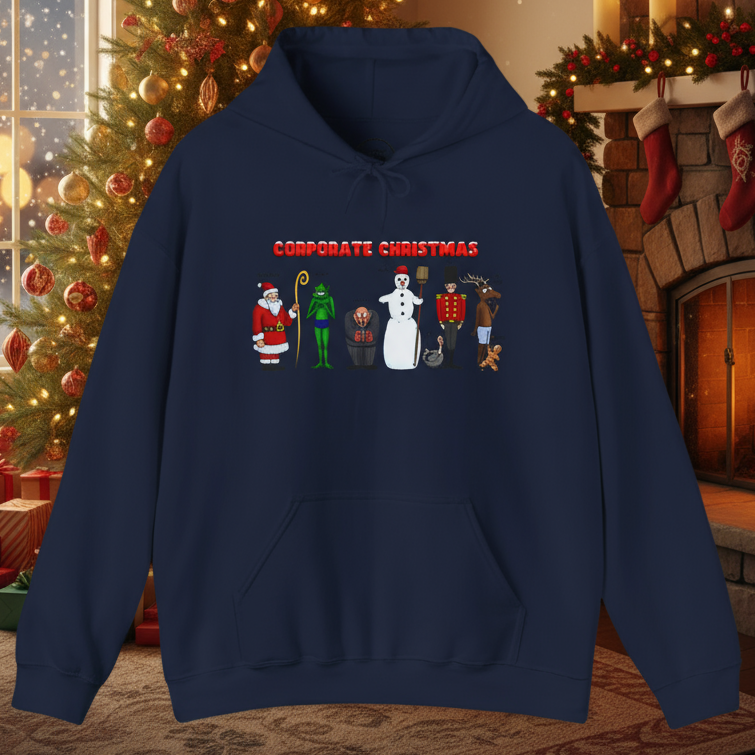 Navy funny Christmas hoodie with cartoon Christmas characters and "Corporate Christmas" text, kangaroo pocket, and adjustable hood.