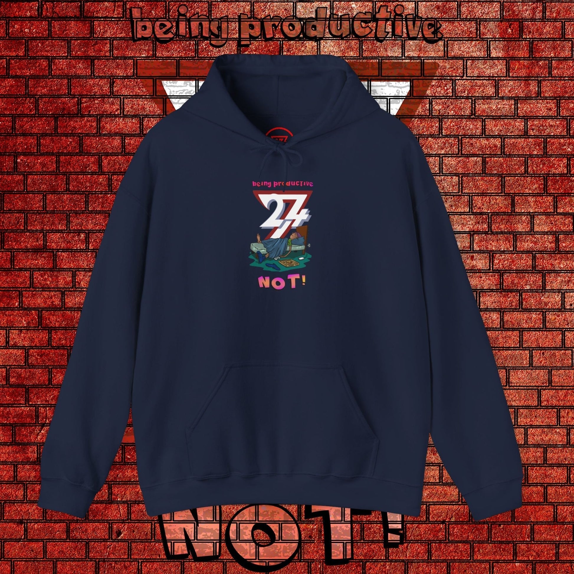 Navy funny custom hoodie with cartoon lazy teen design and bold text "being productive 24/7 NOT!"
