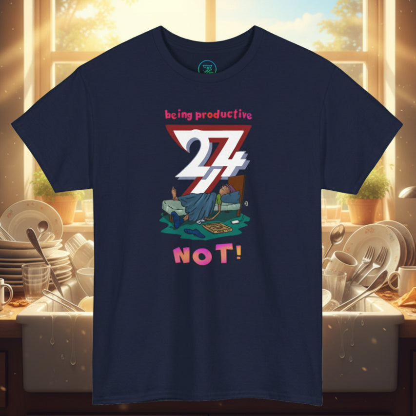 Navy funny tee for teenagers with vibrant lazy design and "being productive 24/7 NOT!" text, perfect birthday or Christmas gift
