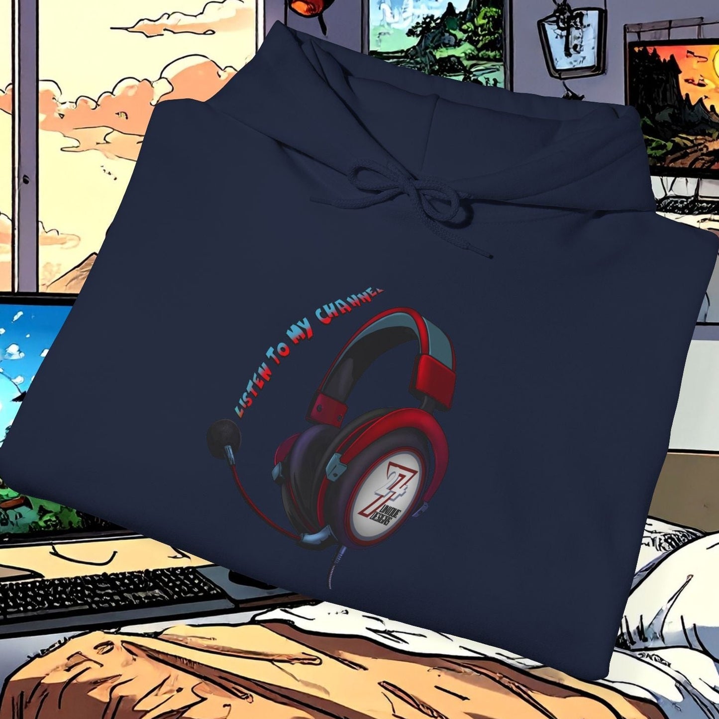 Navy headset hoodie with red headphone design, unisex gamer sweatshirt, cozy cotton blend, adjustable hood and kangaroo pocket