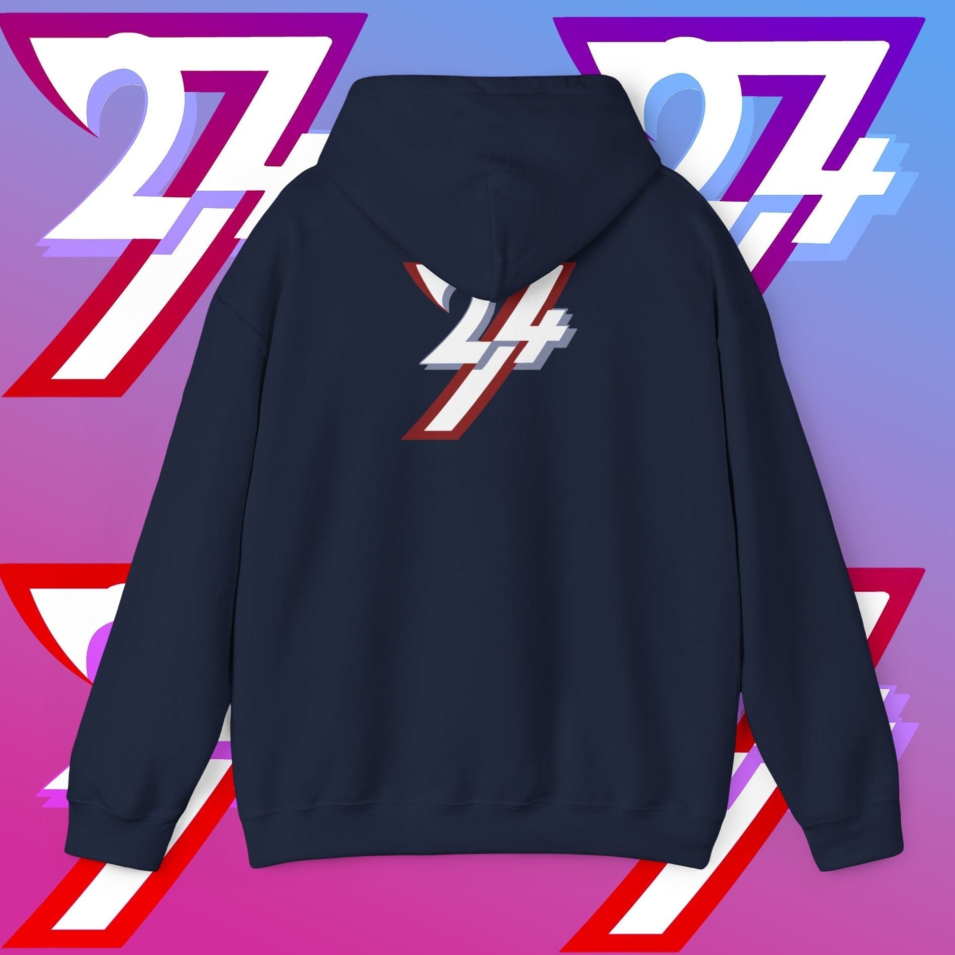 Navy printed hoodie with twentyfourseven logo on back, cozy fabric, ribbed cuffs, and kangaroo pocket.