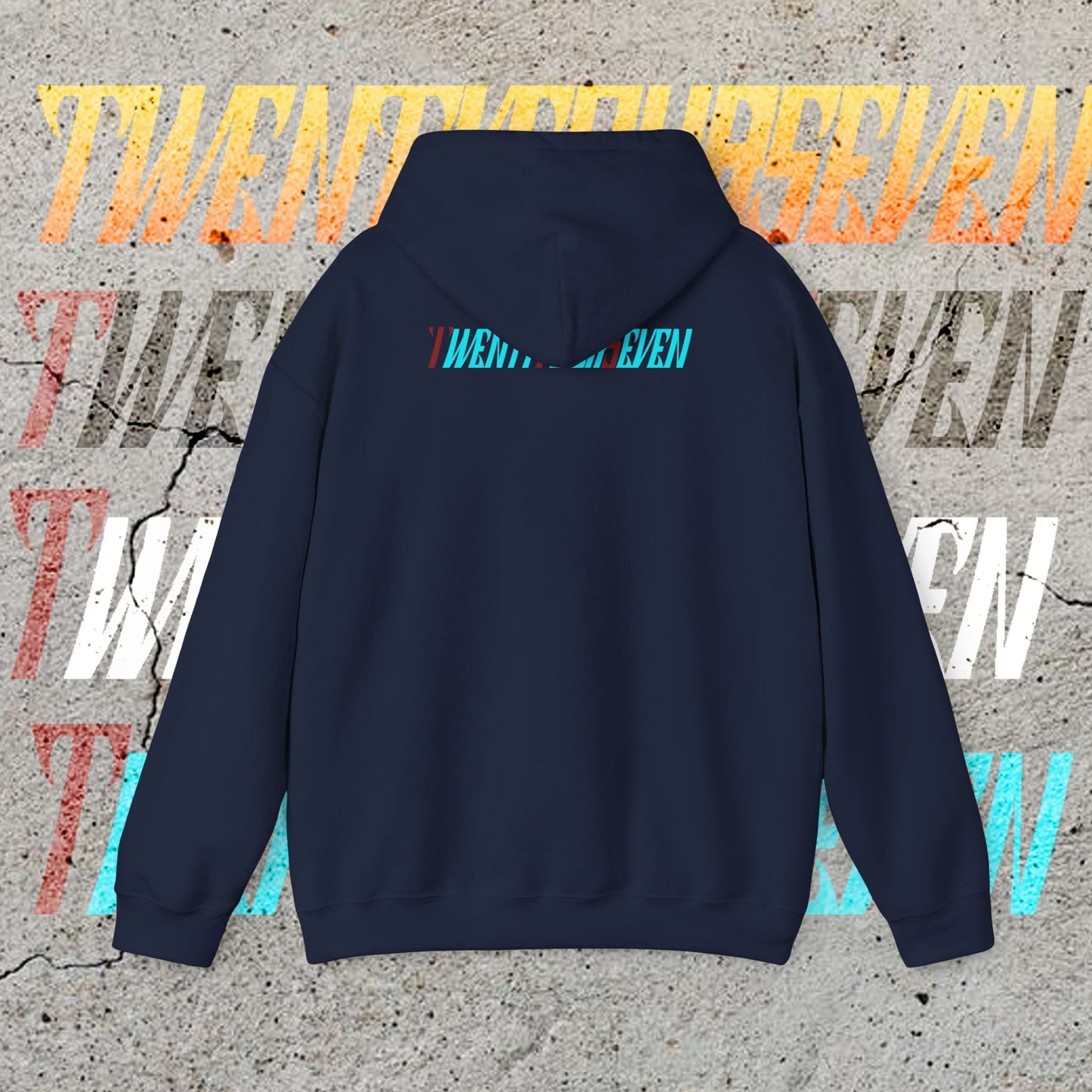 Navy stylish hoodie with twentyfourseven logo, adjustable hood, kangaroo pocket, comfortable streetwear design.