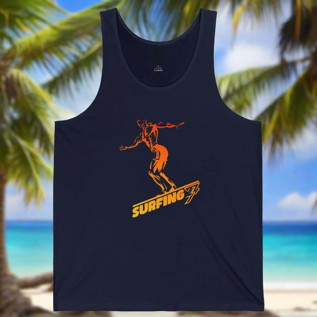 Navy tank top surfer illustration by 24/7 Unique Designs
