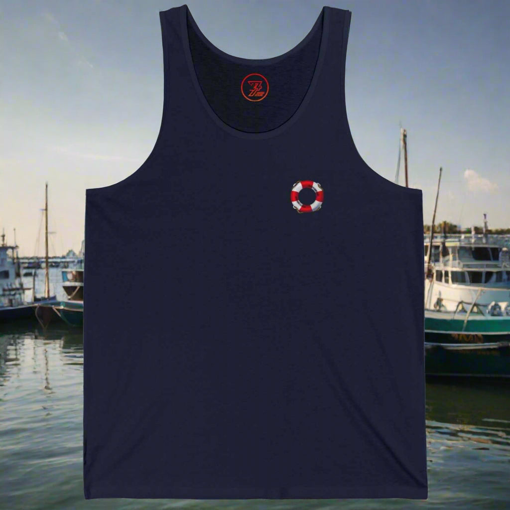 Navy unisex beach tank top with a small red and white lifebuoy design for summer vacations