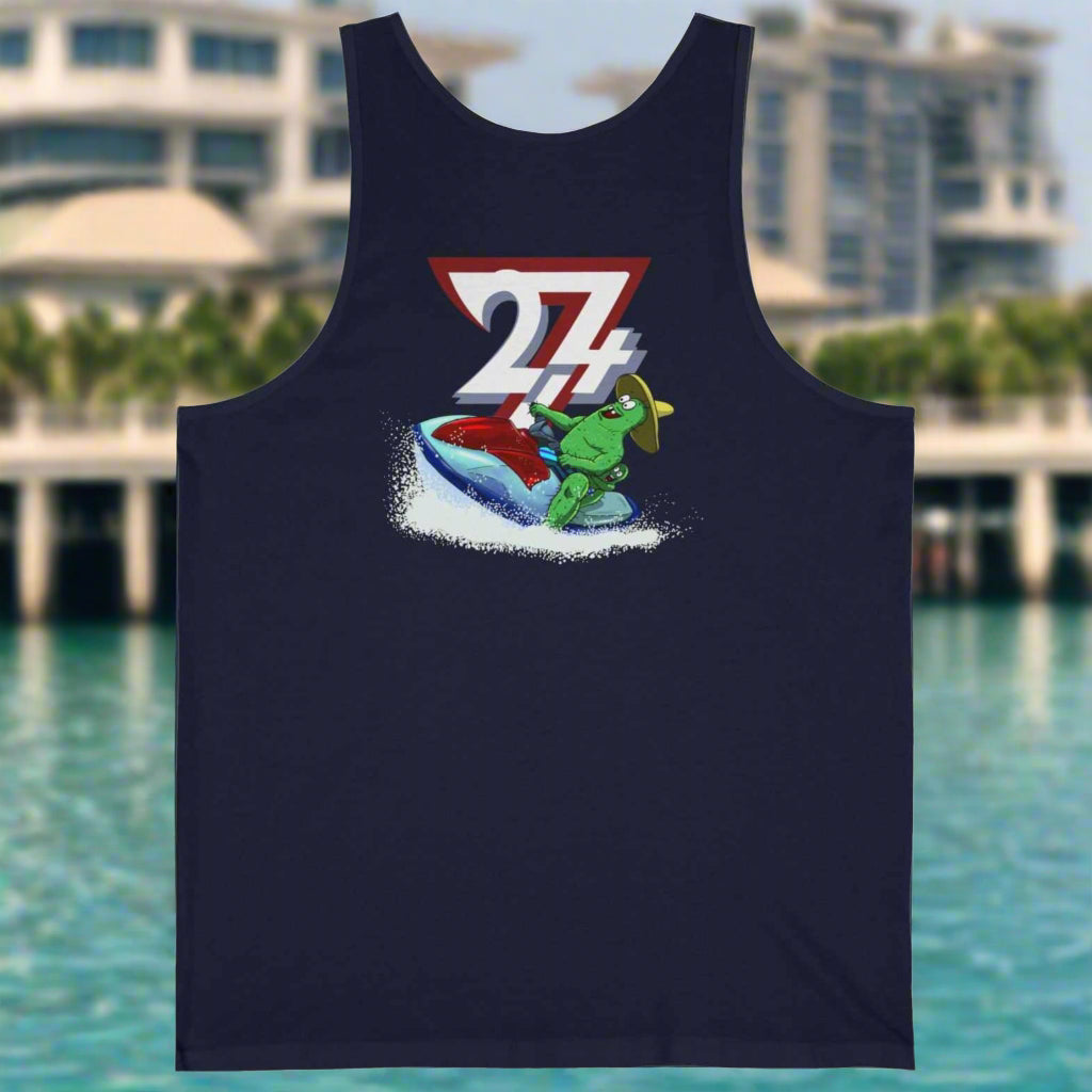 Navy unisex beach tank top with funny surfing cactus graphic for summer vacation and water sports