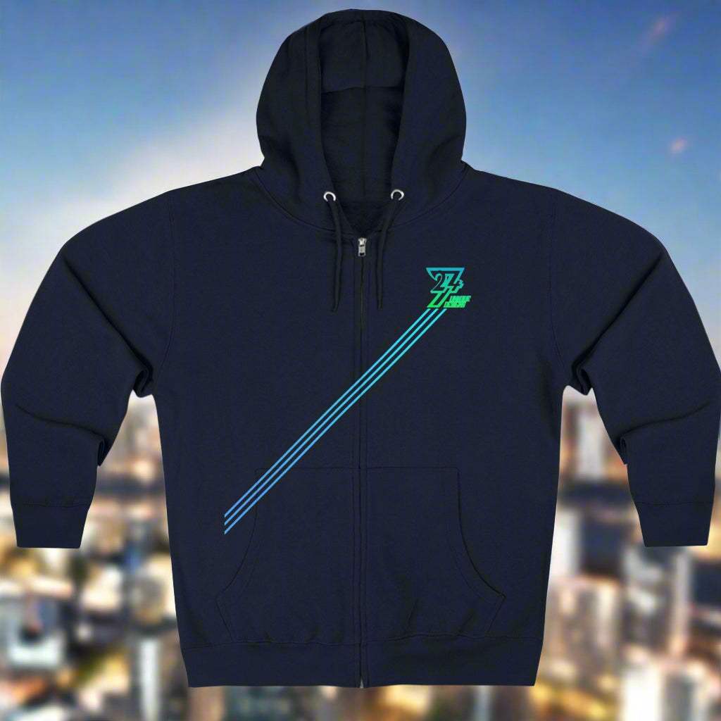 Navy unisex striped zip hoodie with three diagonal stripes and front kangaroo pocket, trendy streetwear style