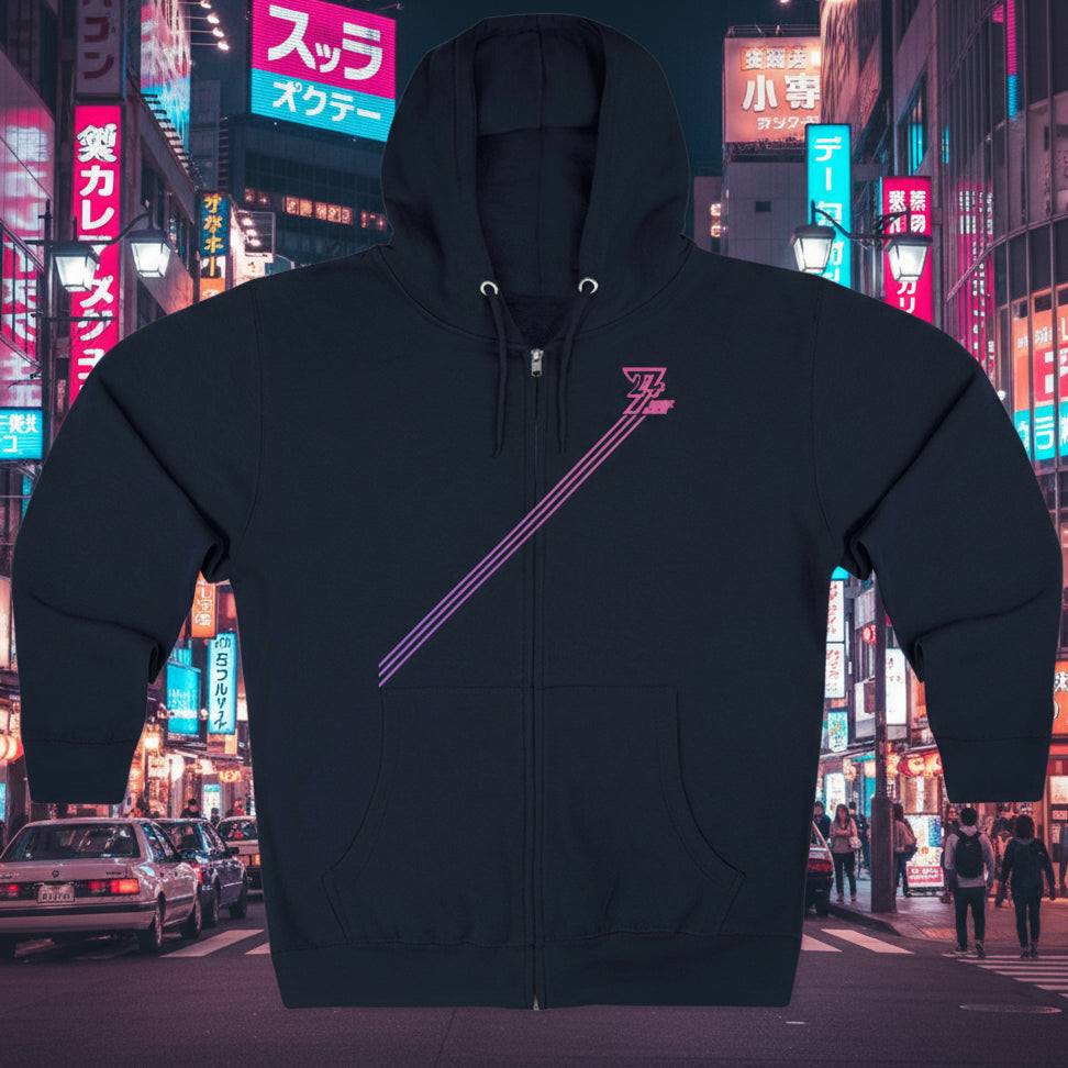 Navy women hoodie with pink diagonal stripes and zip front, hood with drawstrings, and kangaroo pocket for streetwear style