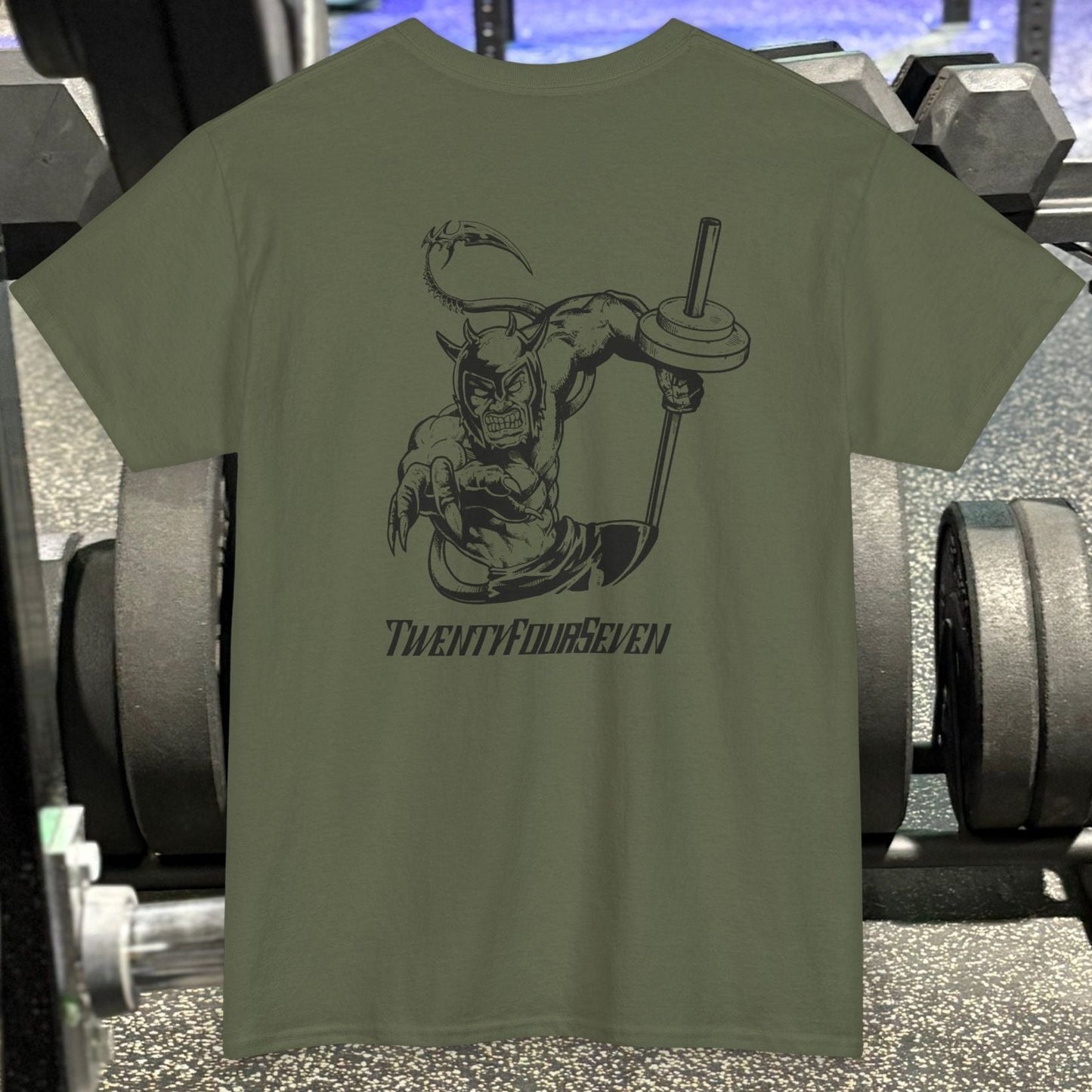 Olive green bodybuilding tee with comic-style hand-drawn muscular character lifting weights graphic on the back.