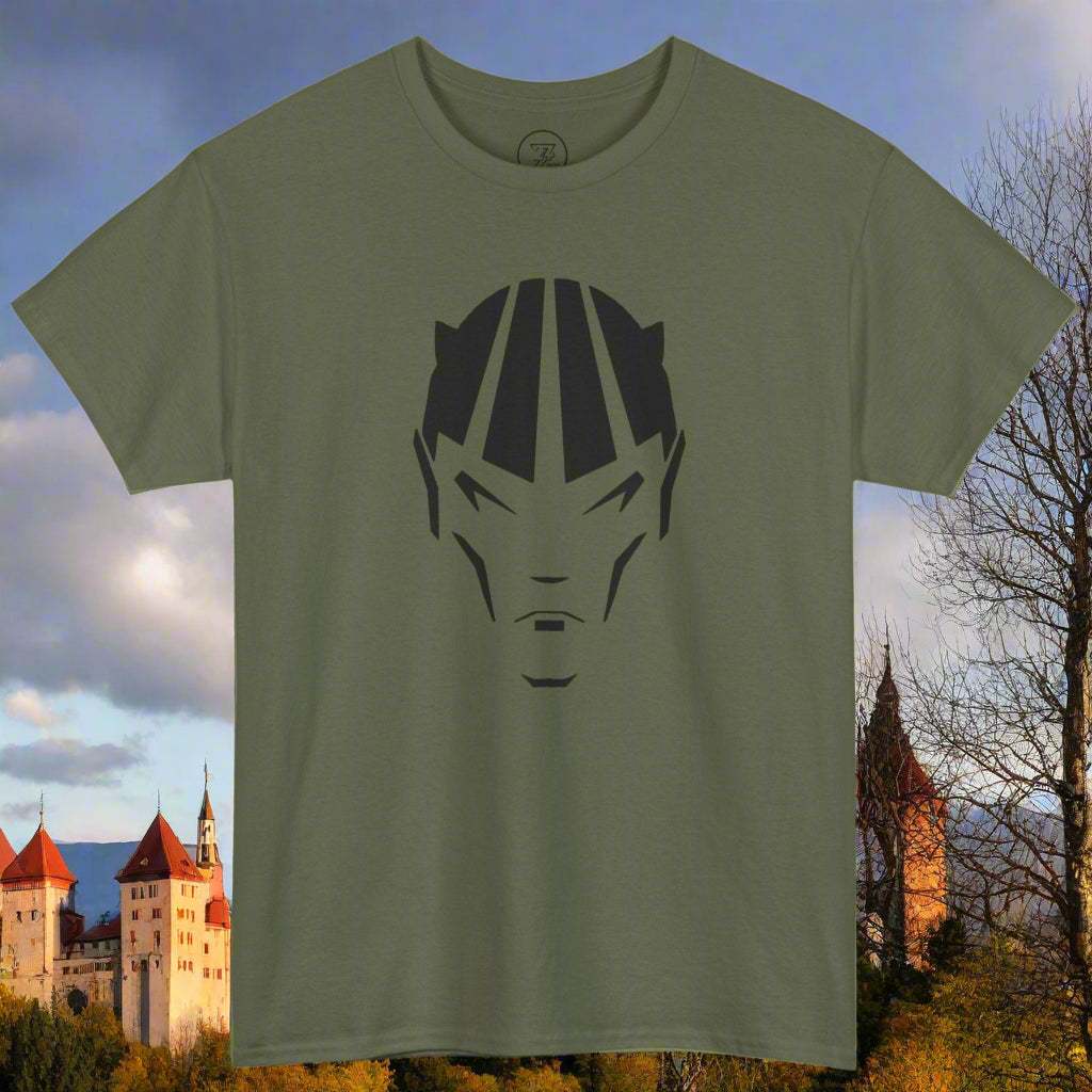Olive green devil shirt with black abstract comic character design on front, unisex cotton tee