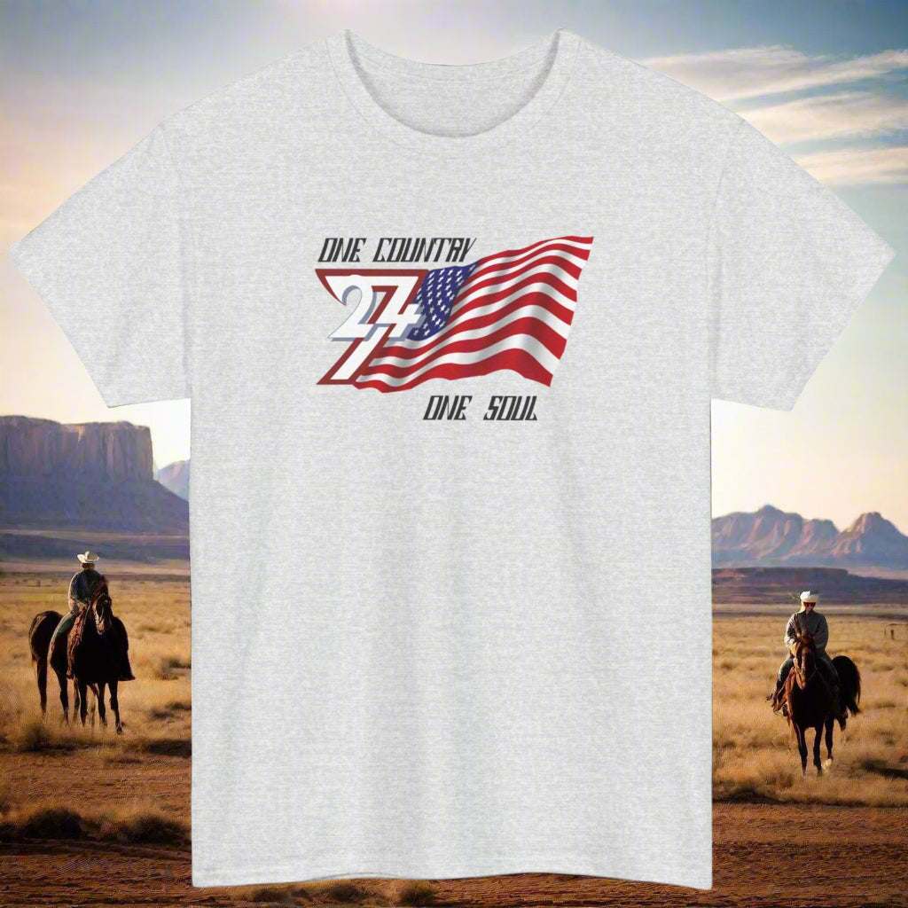 Gray USA T-shirt with "One Country One Soul" slogan and American flag design, patriotic tee for adults.