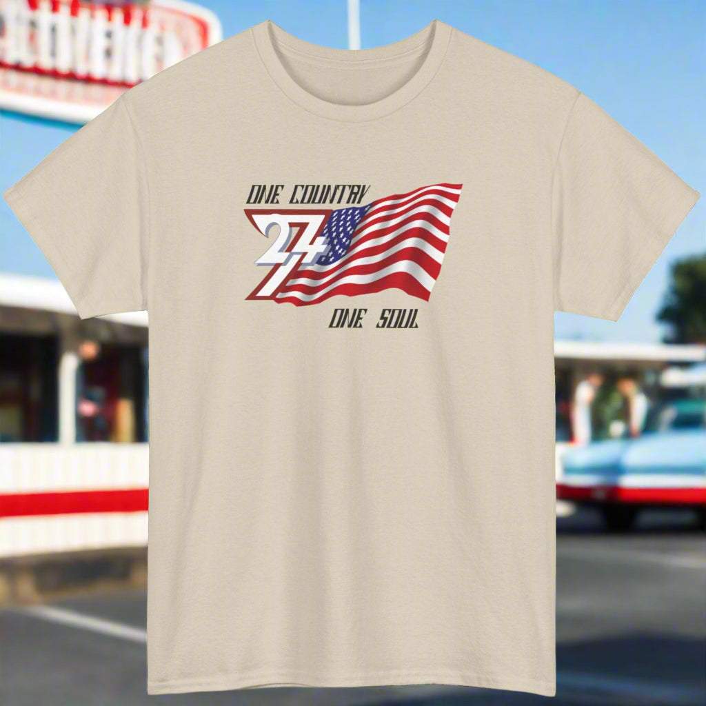 Beige USA T-shirt with hand-drawn American flag and "One Country One Soul" slogan patriotic design