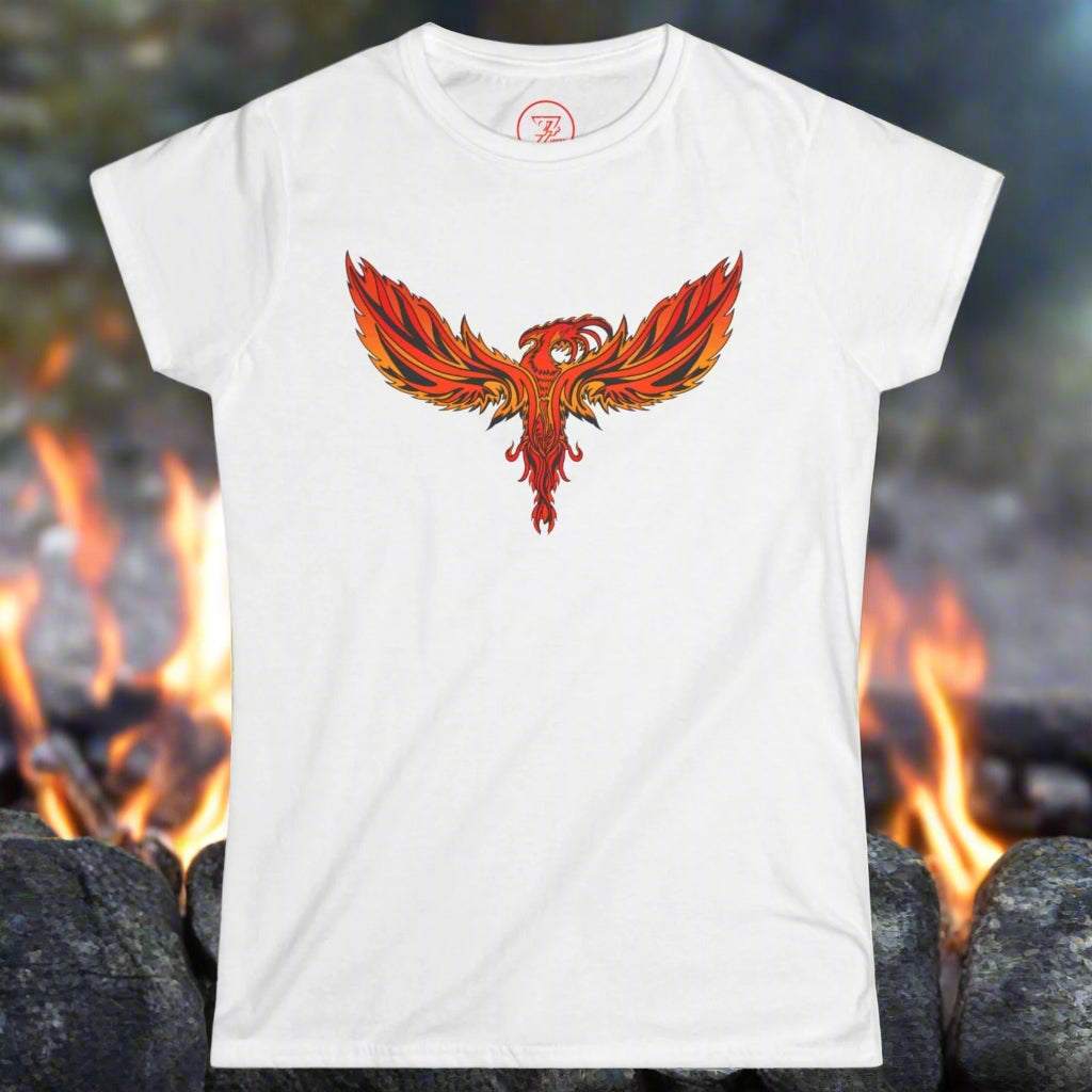 White women's tee with vibrant red and orange phoenix design, perfect for parties and everyday wear