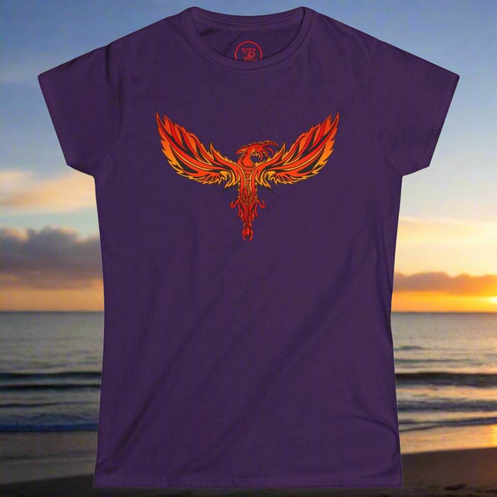 Women's purple Phoenix Tee with vibrant fiery phoenix design for parties and everyday wear