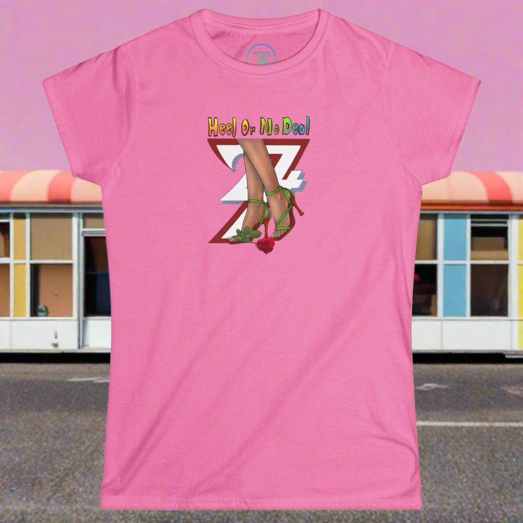 Pink graphic tee for women with "Heel or No Deal" text, high heels, and roses illustration