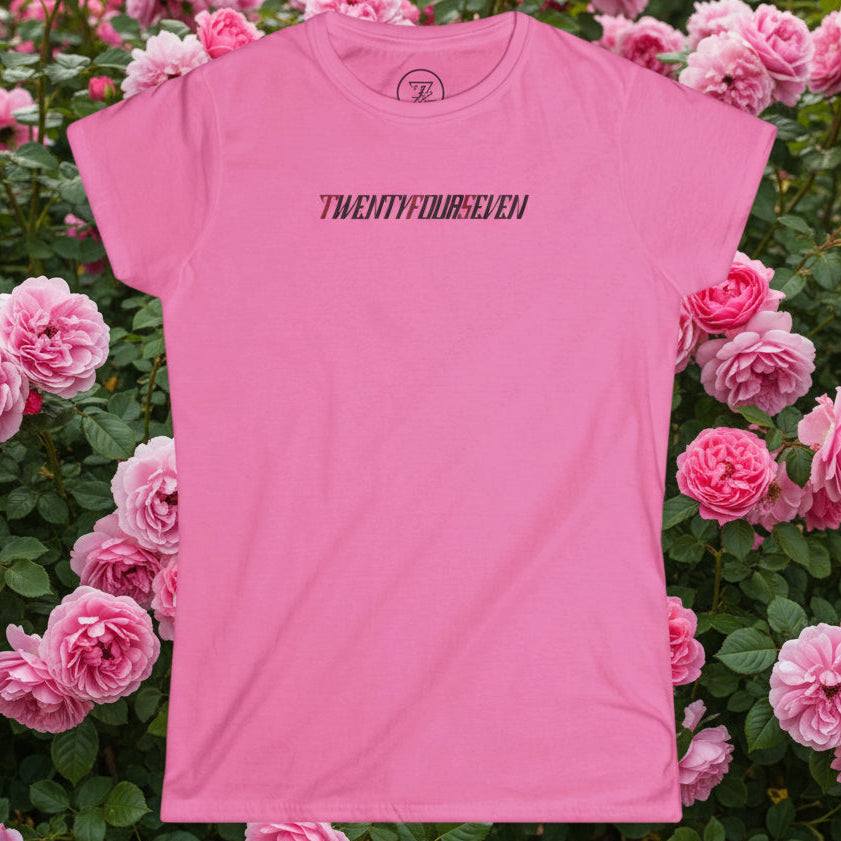 Pink t-shirt for women with bold "twentyfourseven" text, casual and stylish for night outs and parties
