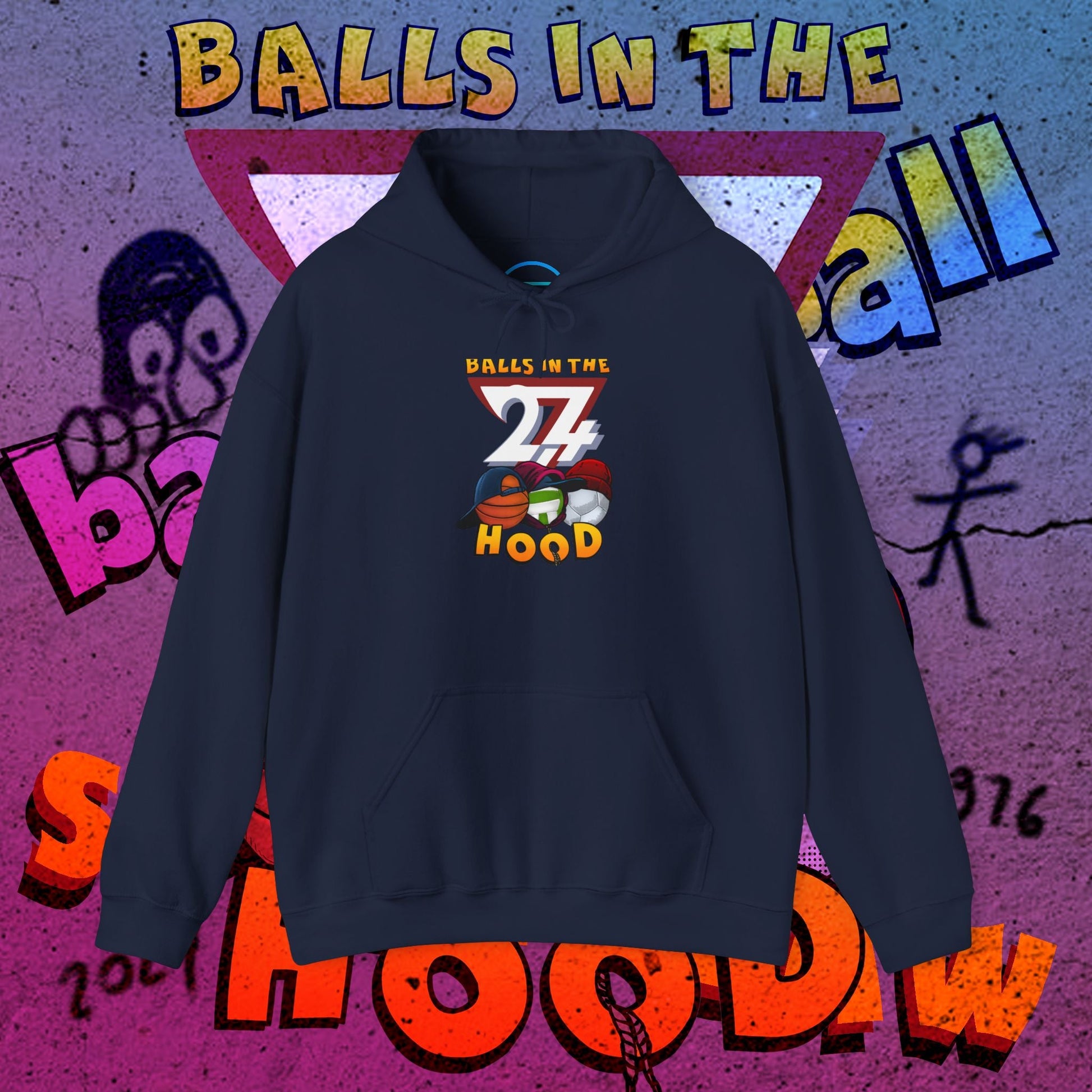 Printed hoodie with "Balls in the Hood" design featuring basketball, football, and volleyball graphics on navy streetwear sweatshirt