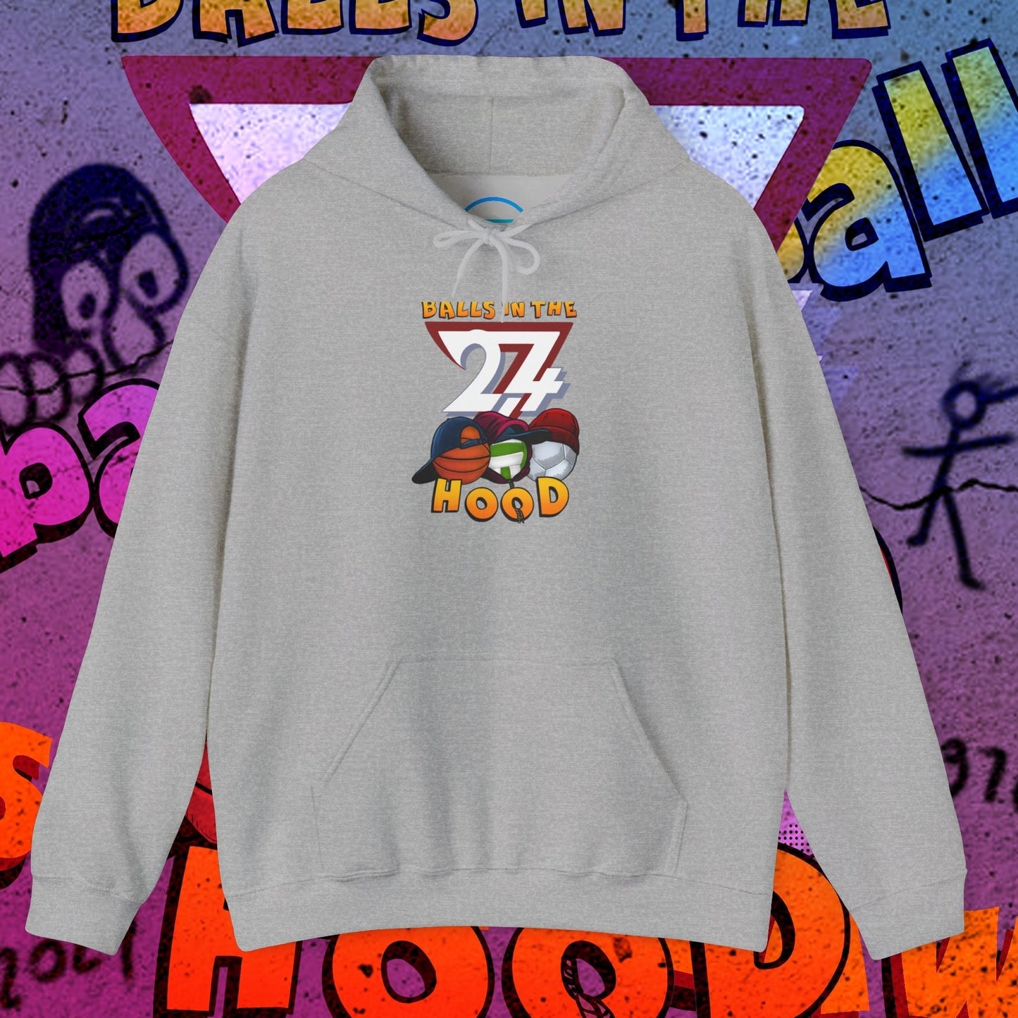 Printed hoodie with "Balls in the Hood" graphic, urban streetwear style, ideal for ballgames and city nights.