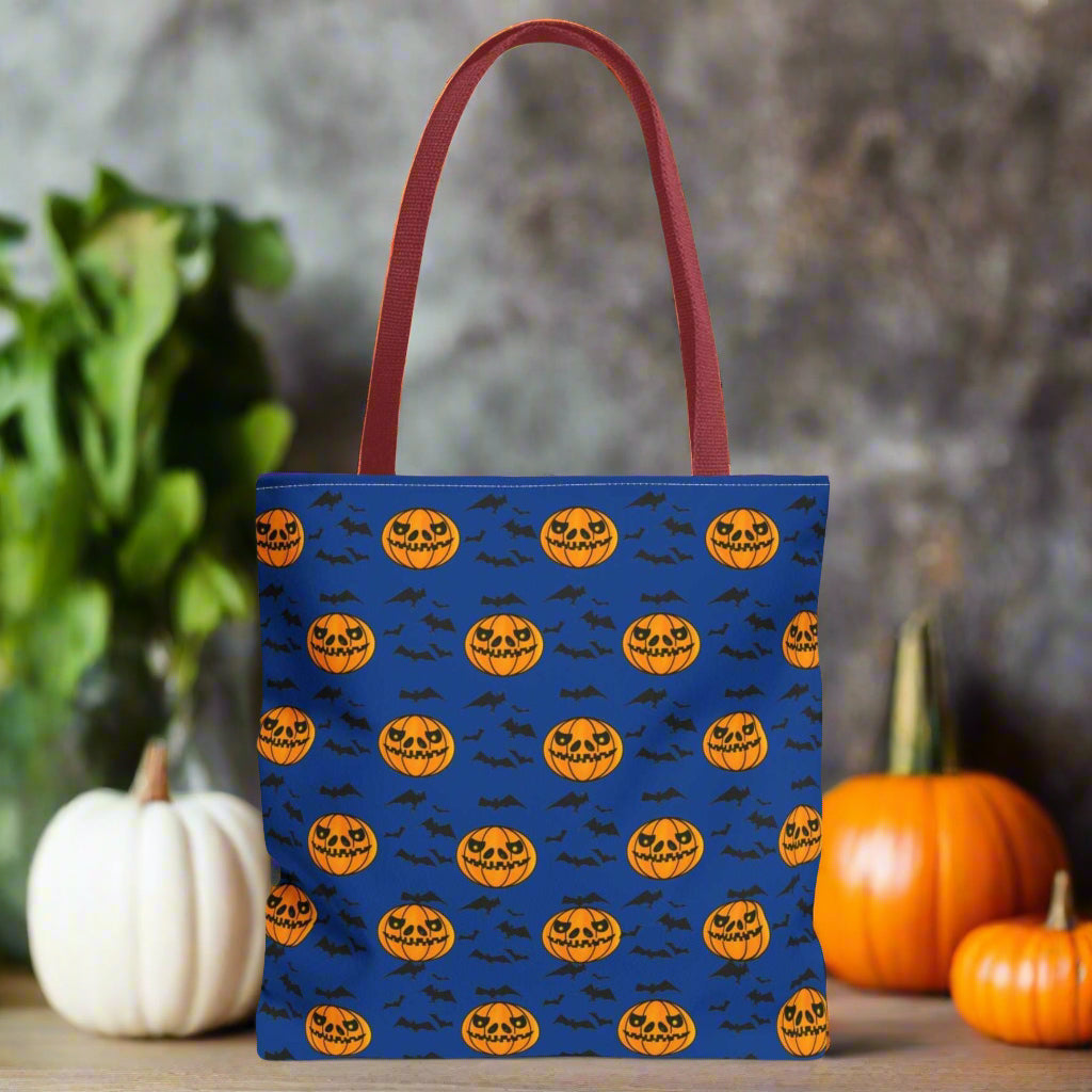 Pumpkins and Bats Halloween Tote Bag large red handle