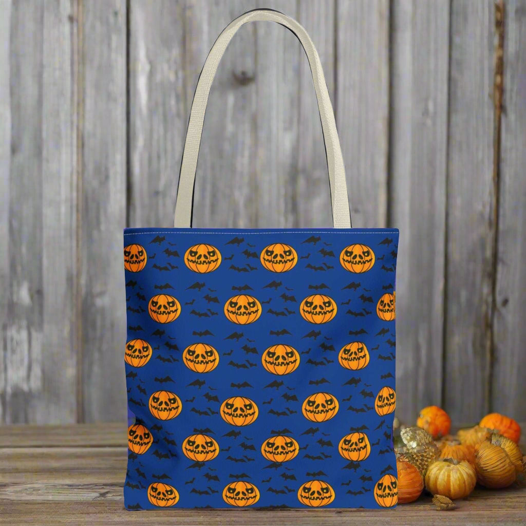 Pumpkins and Bats Halloween Tote Bag large sand handle