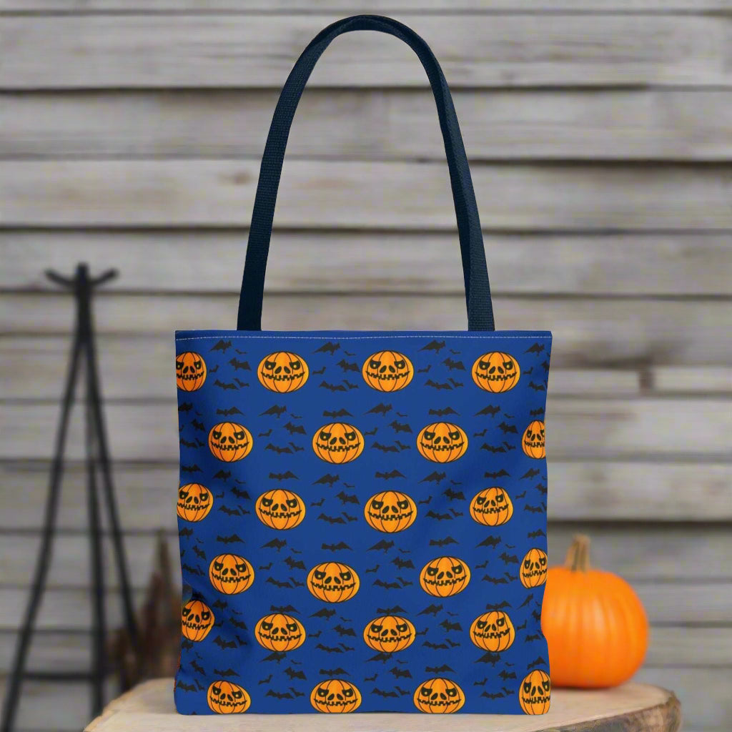 Pumpkins and Bats Halloween Tote Bag medium navy handle
