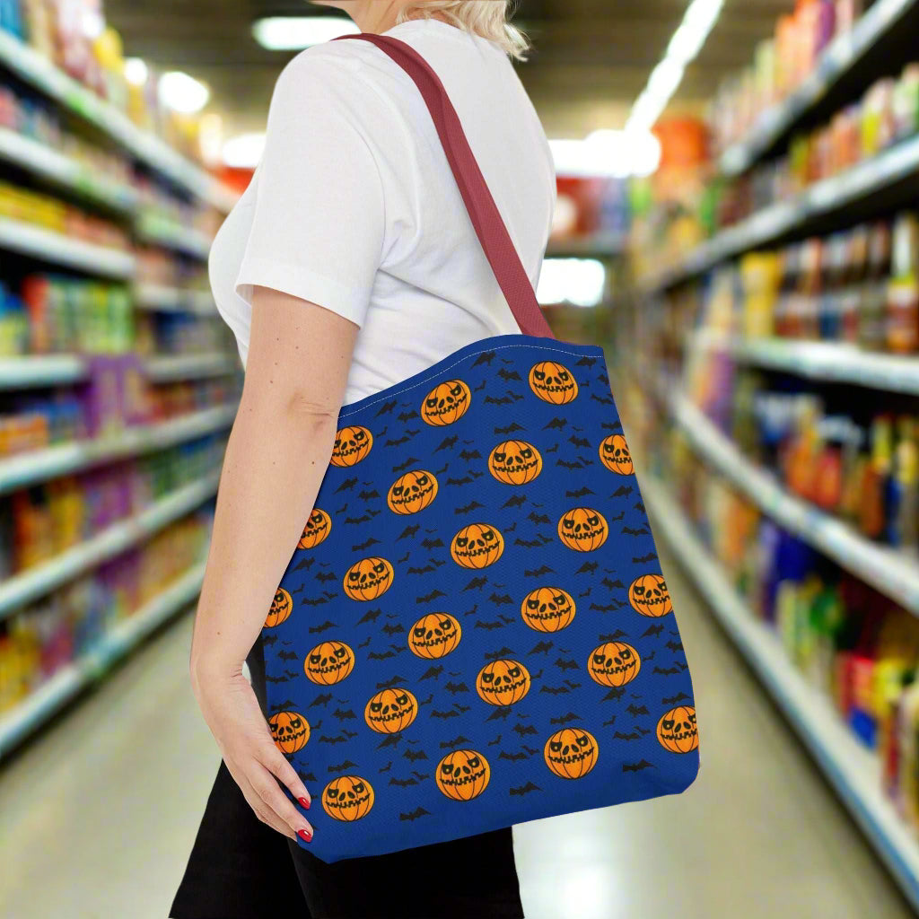 Pumpkins and Bats Halloween Tote Bag medium red