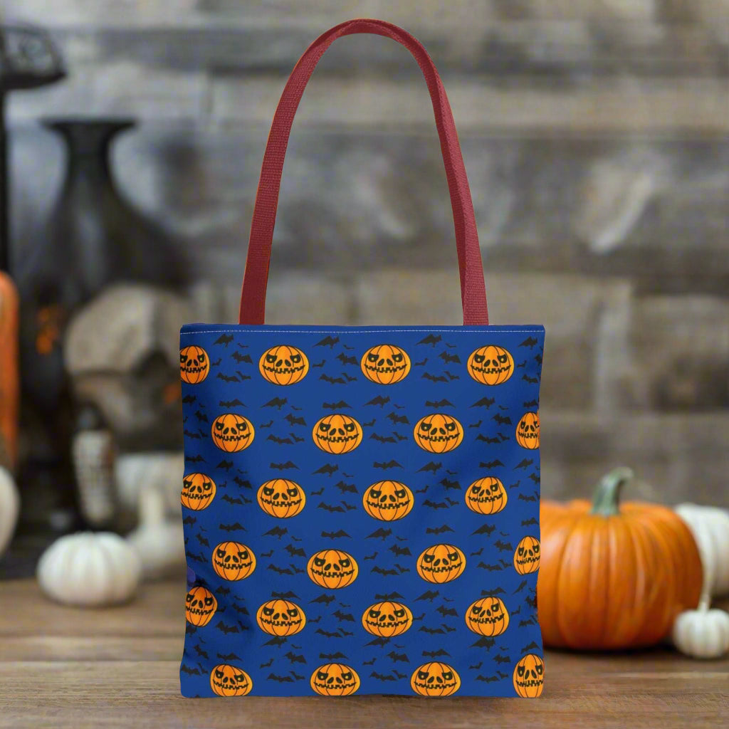 Pumpkins and Bats Halloween Tote Bag medium red handle