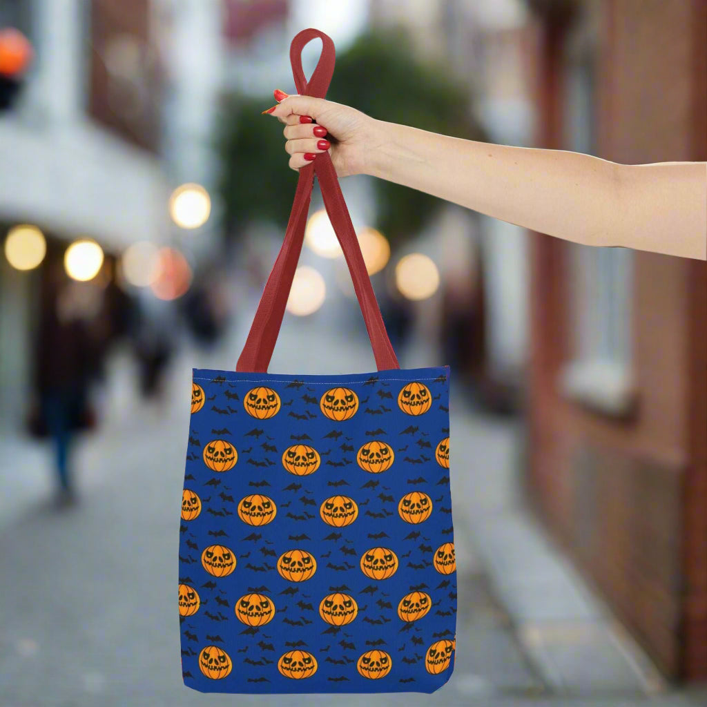 Pumpkins and Bats Halloween Tote Bag small red