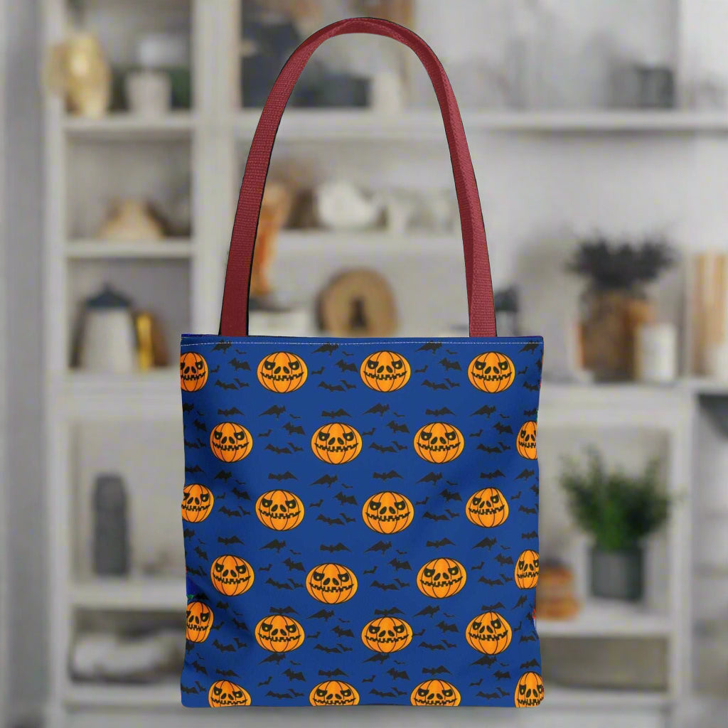 Pumpkins and Bats Halloween Tote Bag  small red handle