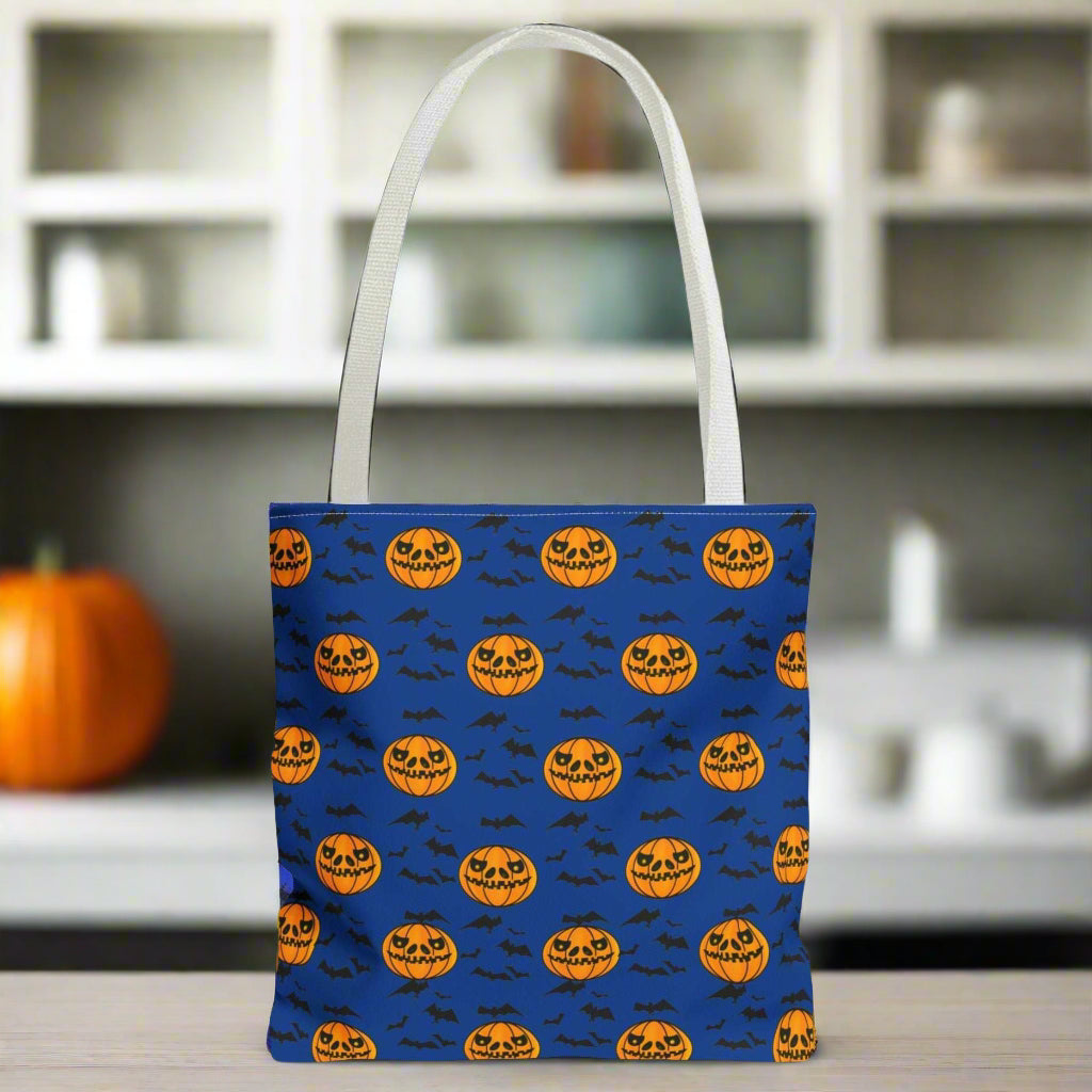 Pumpkins and Bats Halloween Tote Bag small white handle