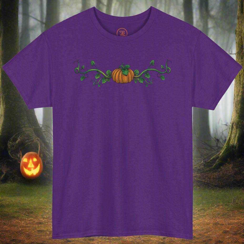Purple Halloween Pumpkin T-Shirt with hand drawn pumpkin and vine design for festive wear and parties