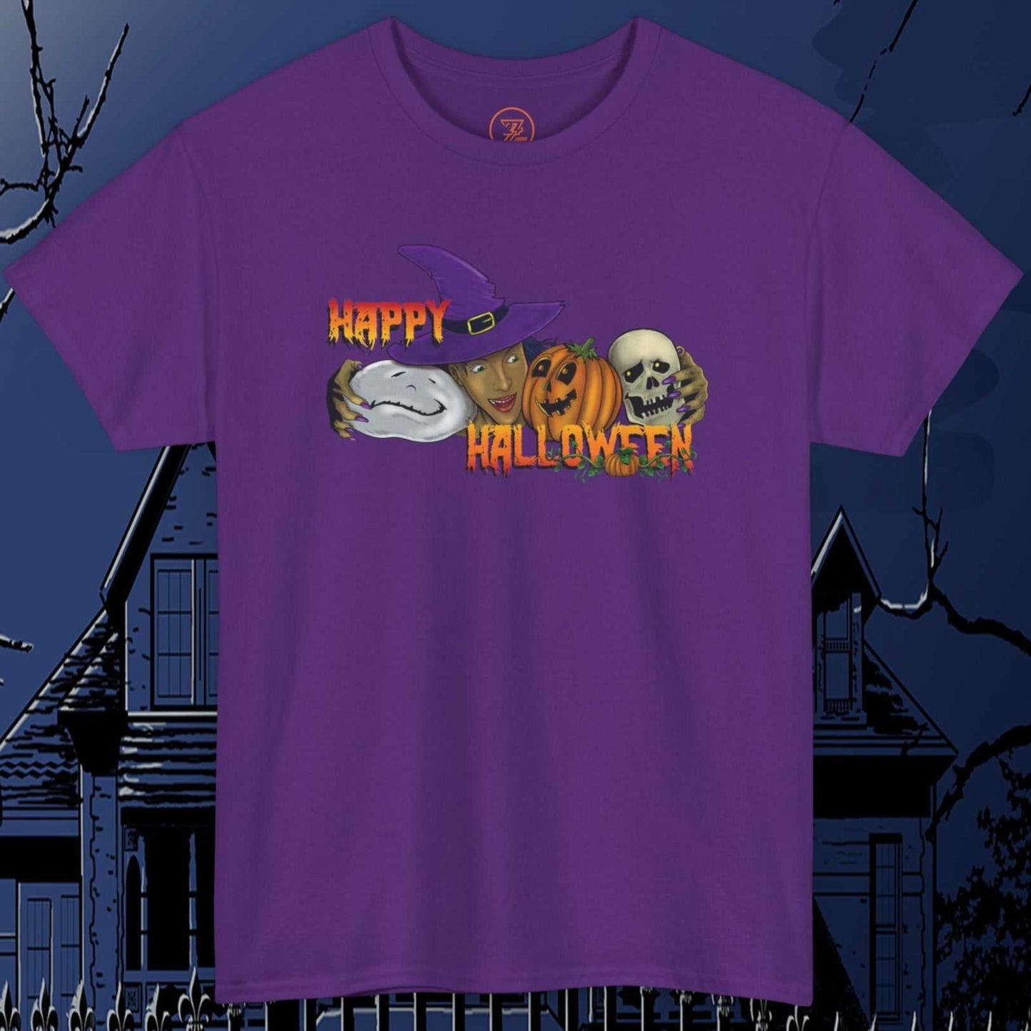 Purple Halloween witch T-shirt with cartoon pumpkin, skeleton, and witch hat design, festive Halloween look.