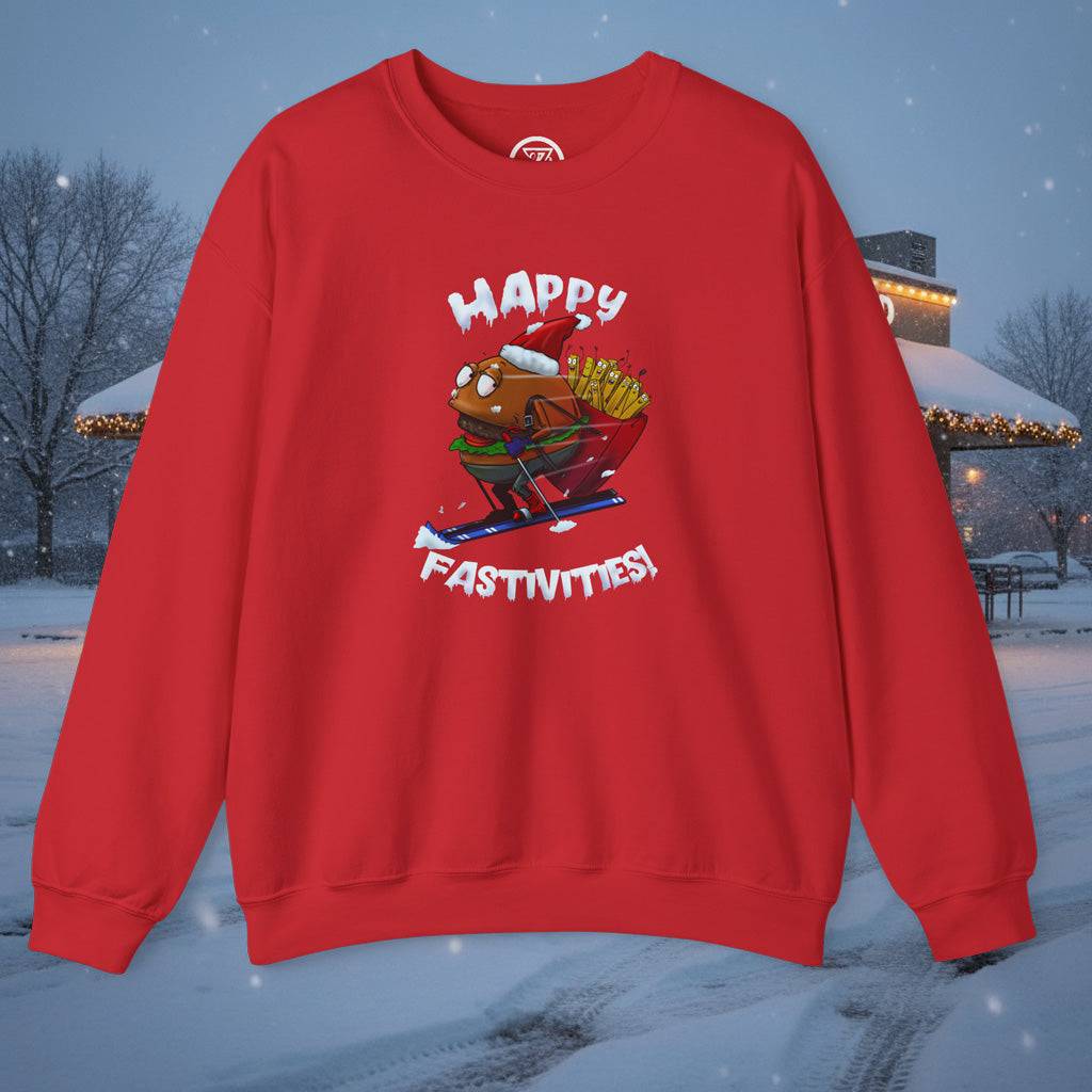 Red Christmas sweatshirt with skiing Santa burger cartoon and "Happy Fastvities" text festive design