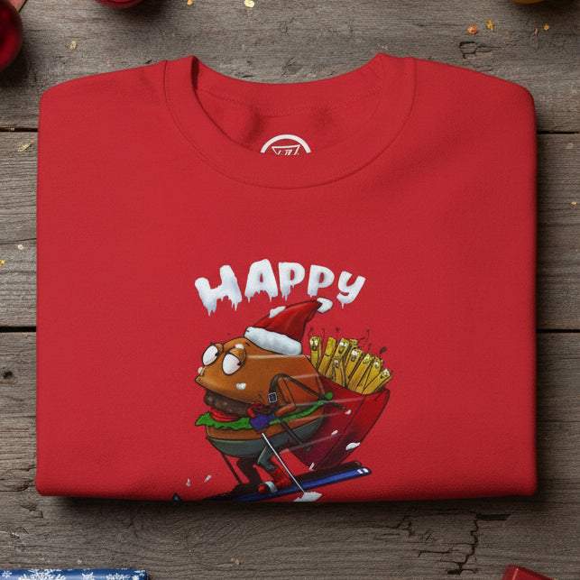 Red Christmas sweatshirt with skiing Santa burger cartoon design and fries, festive holiday burger sweater