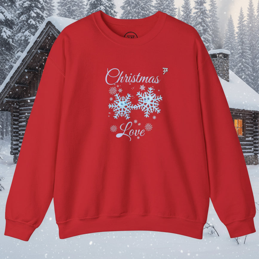 Red Christmas sweatshirt with snowflakes and "Christmas Love" text design