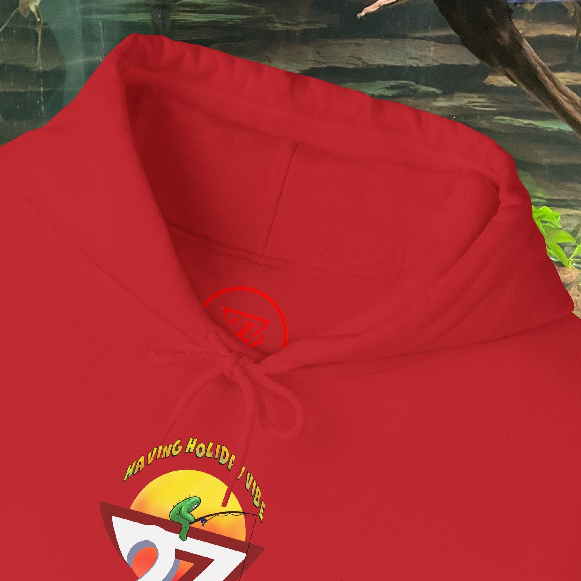 Red Funny Fishing Hoodie with cactus and fishing graphic on front
