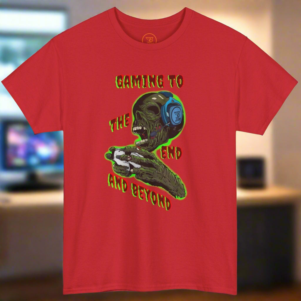 Red Halloween zombie tee with a hand-drawn gamer zombie wearing headphones and playing video games, designed in horror comic style.