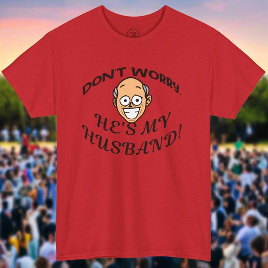 Red Kiss Cam T-shirt for concert goers with funny "Don't Worry, He's My Husband!" quote and cartoon face design