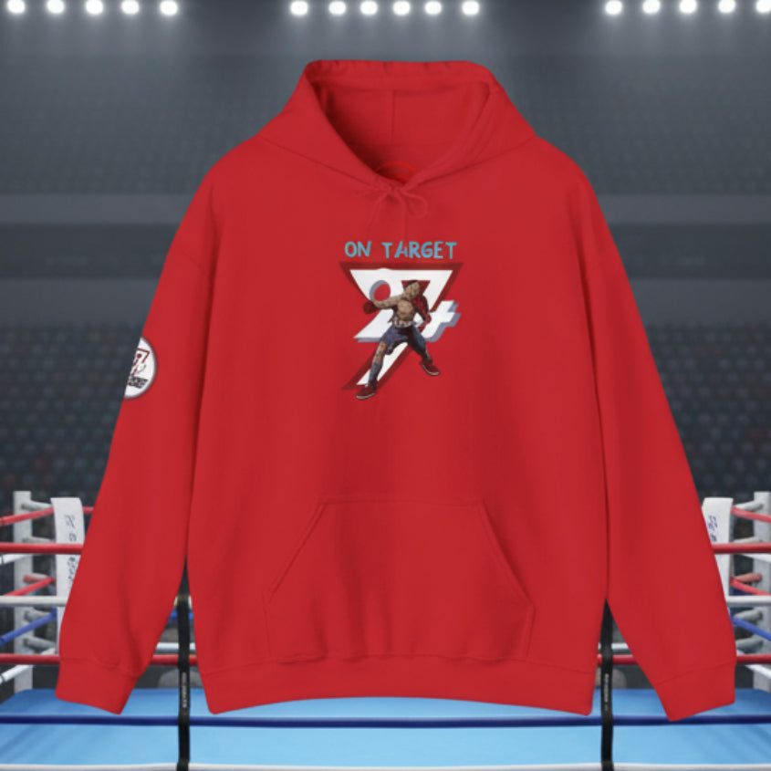 Red boxing hoodie with hand-drawn boxer design and kangaroo pocket for sports training and outdoor fitness