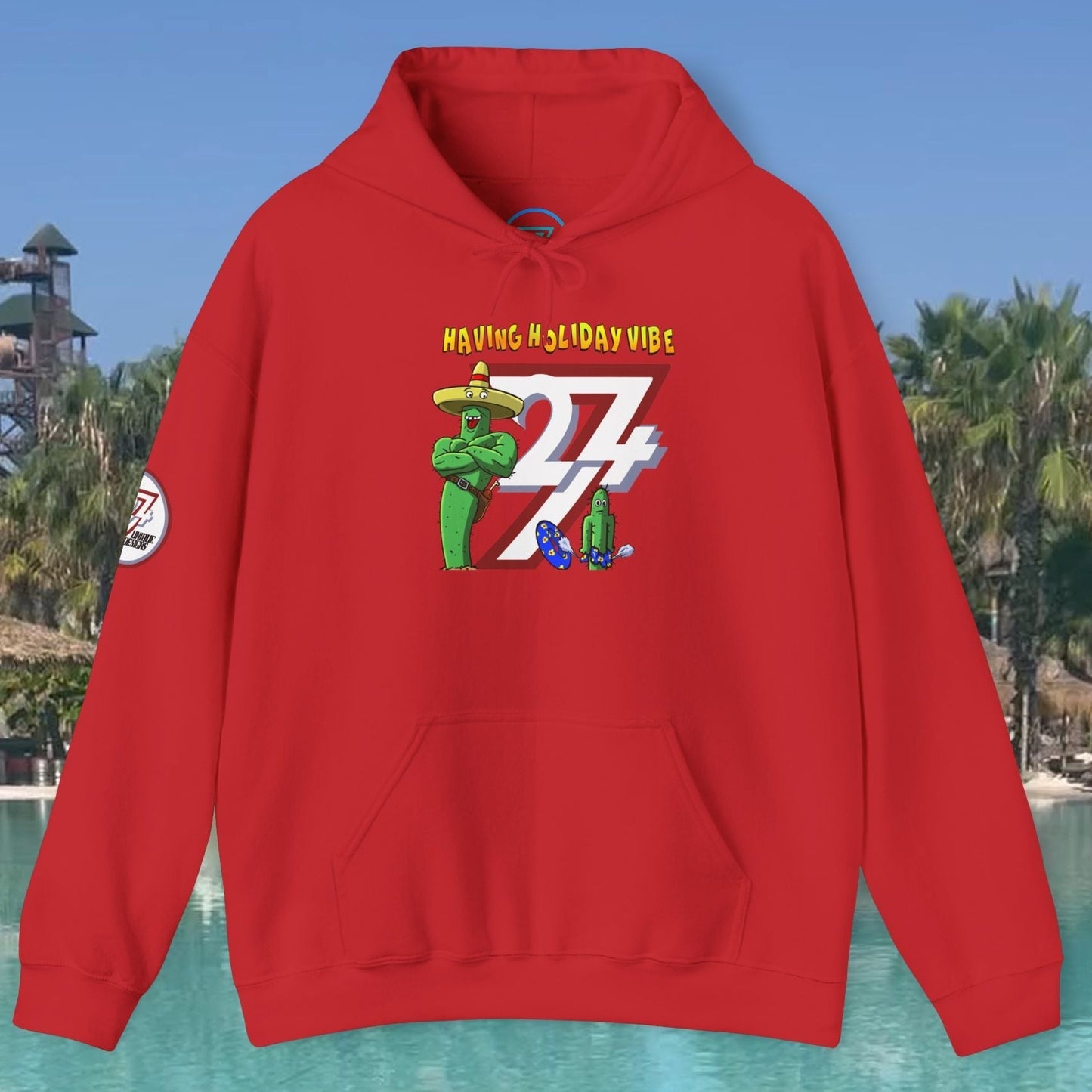 Red cactus hoodie with cartoon design and holiday vibe text, adjustable hood, and kangaroo pocket
