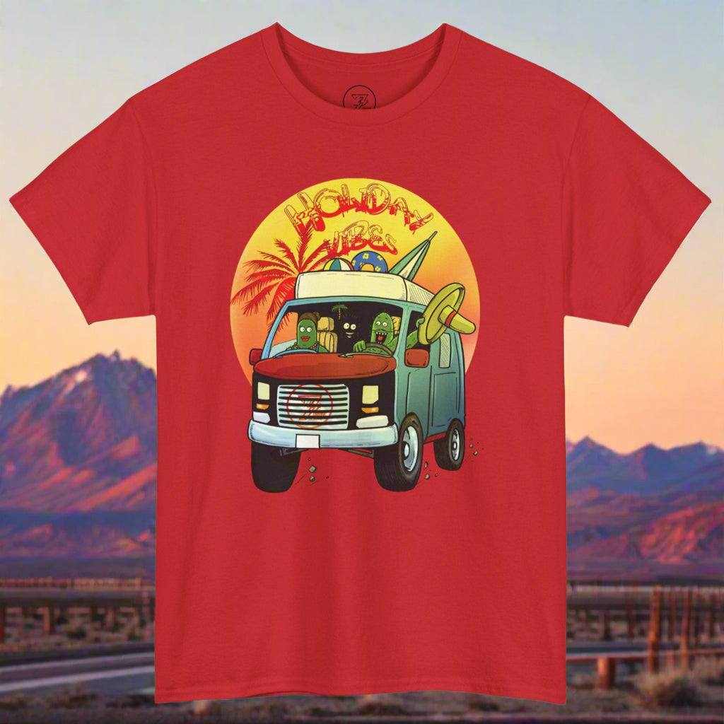 Red cactus shirt featuring Leonando the cactus cartoon character driving a van with a retro holiday design and palm tree background