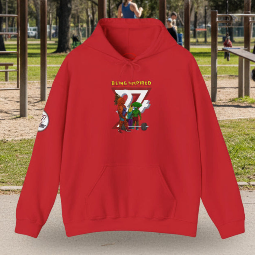 Red custom hoodie with hand-drawn comic workout characters and kangaroo pocket