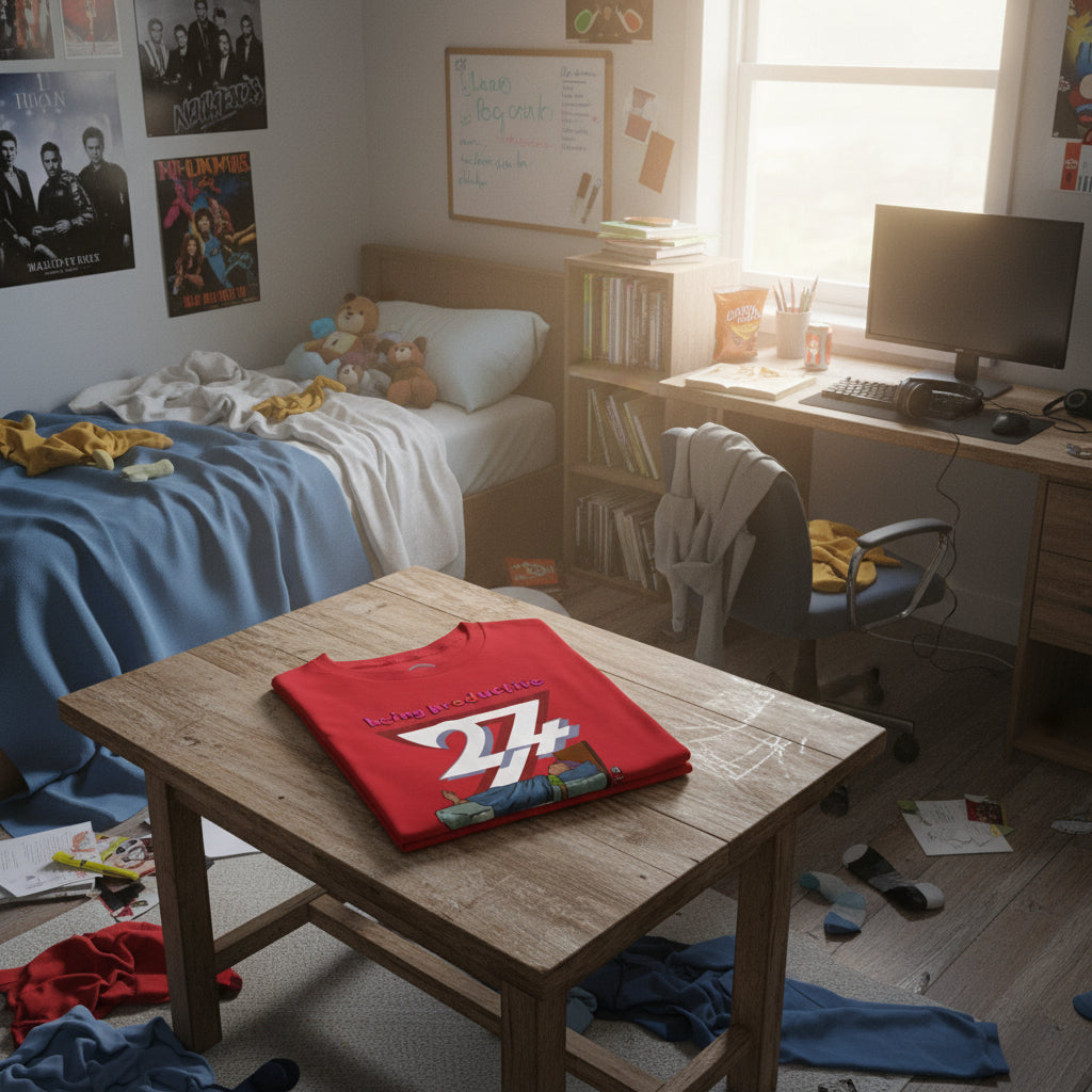 Red funny tee for teenagers with vibrant lazy teenager illustration and "being productive" text, perfect birthday or Christmas gift.