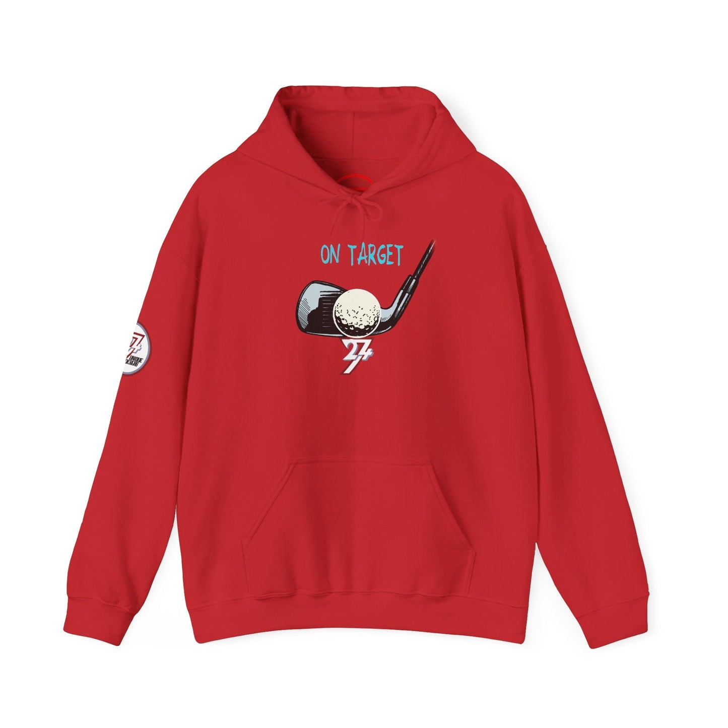 Red golf hoodie with hand-drawn golf club and ball design, "On Target" text, and kangaroo pocket